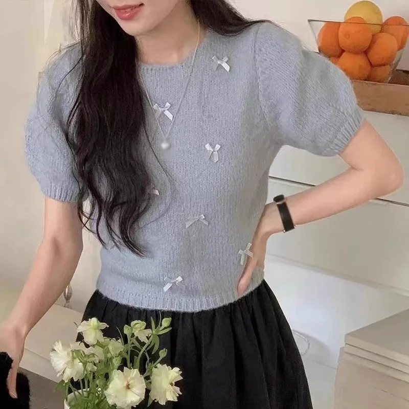 Women Korean Spring Summer Round Neck Bow Decoration Sweet and Fashionable Versatile Knitted Short Sleeve Pullover Top