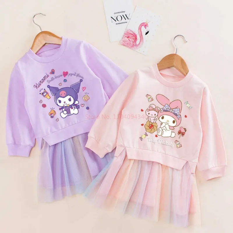 Y2k Dress Spring Autumn Kawaii My Melody  Ins Baby Gauze Dress Cute Kuromi Long Sleeve Hooded Skirt Kids Gifts