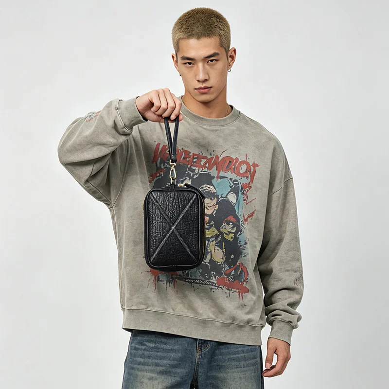 High Quality Men Cowhide Clutch Bag Vintage Pieced Genuine Leather Wallet Creative Coin Purse Phone Bag