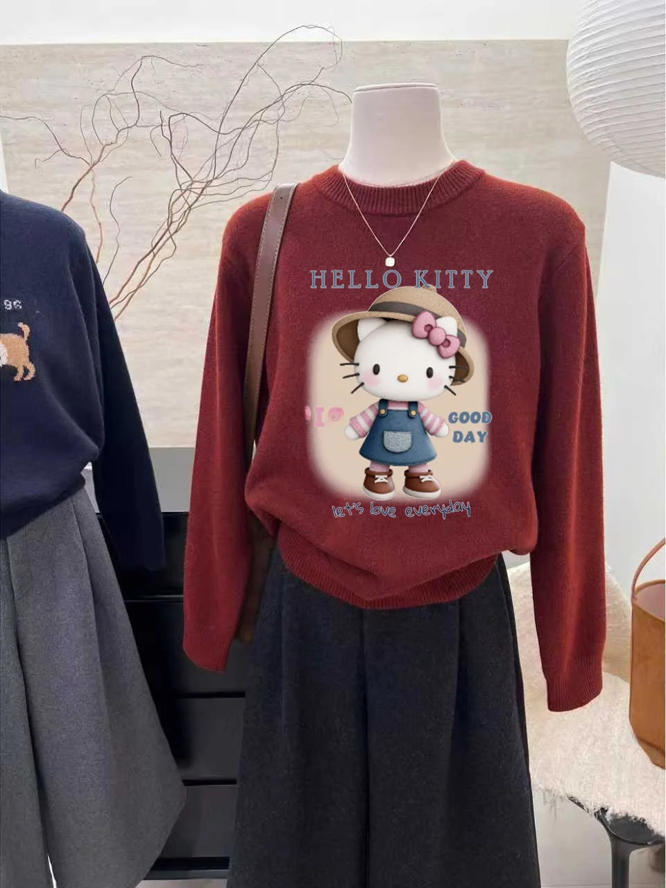 따뜻한 루즈핏 롱 니트 스웨터 KT 인형 프린트 만화 스타일 여성용 가을 겨울 신상 패션 탑