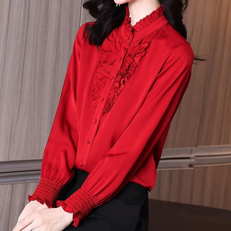 Office Lady Ruffles Pleated Blouse Spring Autumn New Long Sleeve Solid All-match Vintage Shirt Tops Fashion Korean Women Clothes