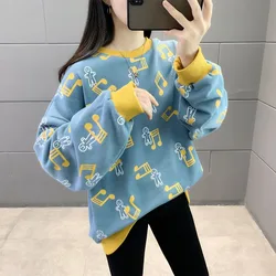 Geometric Contrast Color Women's Clothing Round Neck Pullover Lantern Long Sleeve Loose Fashion Hoodies Spring Autumn Tops