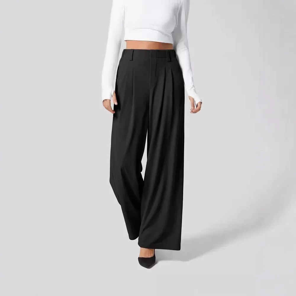 Women's solid color pocket straight leg loose elastic yoga pants; street style elastic wide leg pants; sports leisure