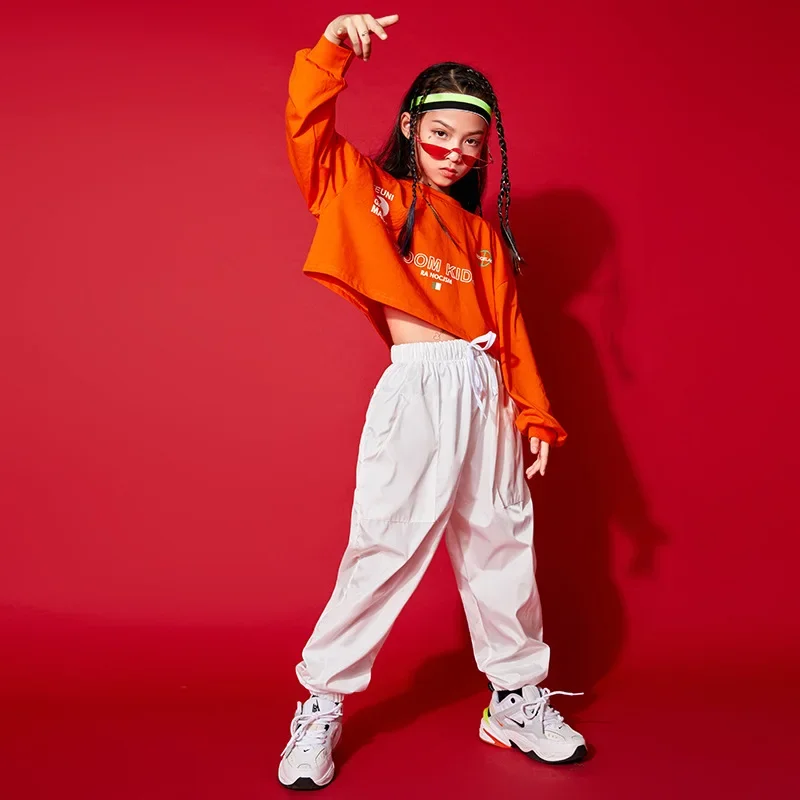 Pantalon de jogging pour fille, costume de danse jazz, vêtements pour enfants, vêtements Kpop et Hip Hop, haut court, t-shirt à manches longues, streetwear blanc