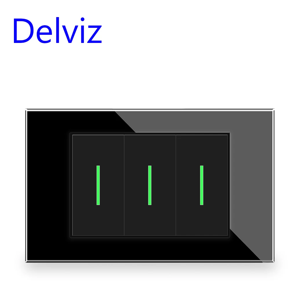Delviz Wall Switch 3Gang 2Way LED Illuminated Retractive, 10A 250VAC, Tempered Glass, 120 Type Rectangular Panel Button Switch