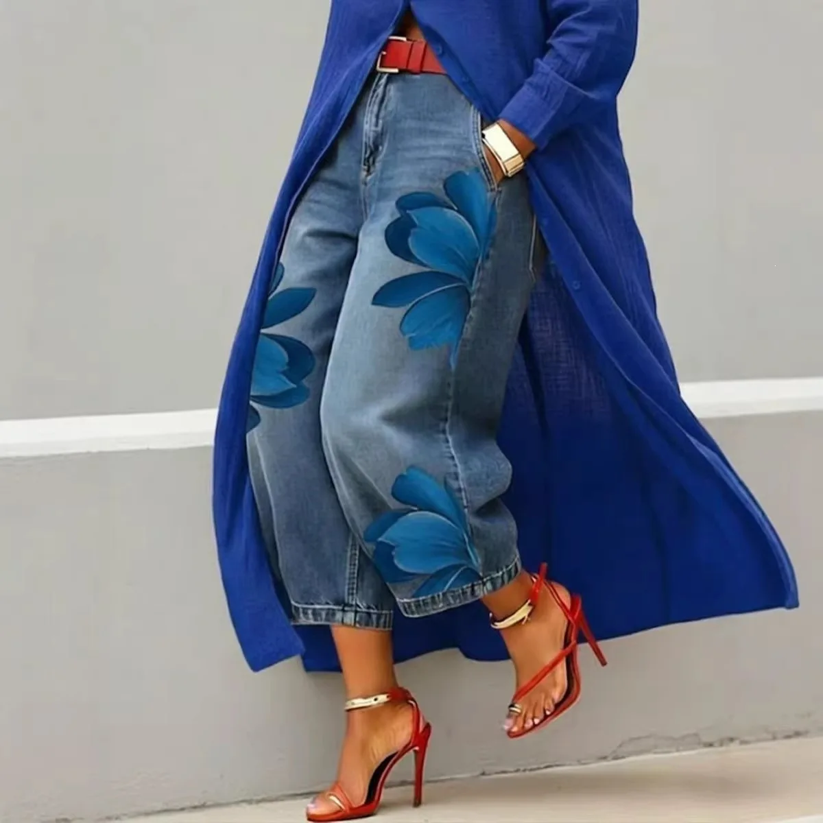Casual High Waist Straight Leg Pants Women's Imitation Denim Plant Floral Digital Printing Polyester Fiber Micro Stretch