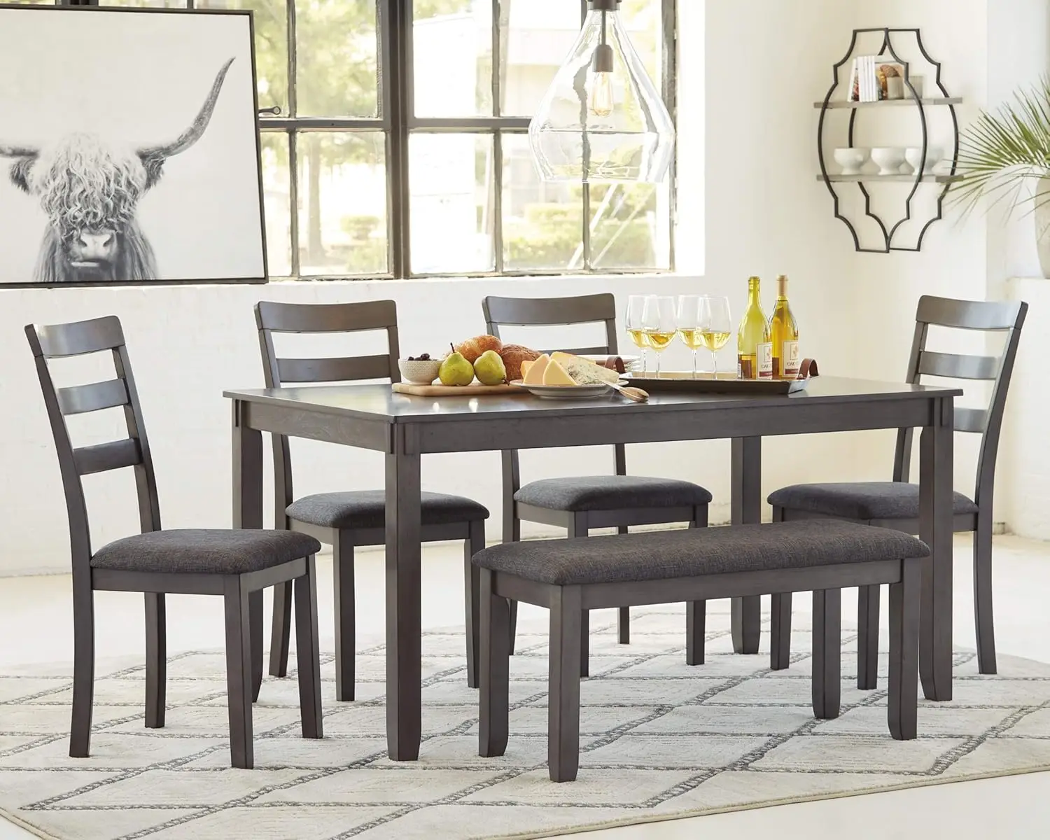 Bridson Modern 6 Piece Dining Set, Includes Dining Table, 4 Chairs & Bench, Gray