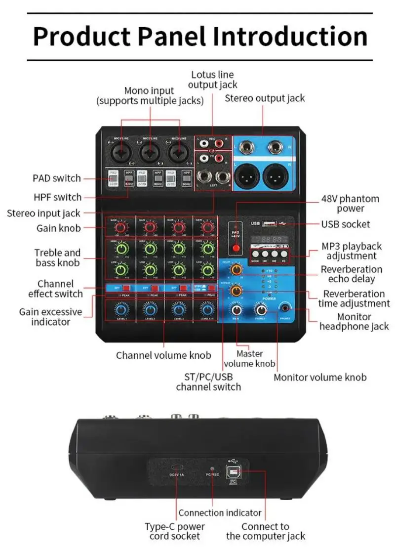 5 قناة الصوت خلاط الجدول الصوت المهنية المحمولة الرقمية وحدة التحكم تسجيل الكمبيوتر DJ تحكم المعالج USB بلوتوث