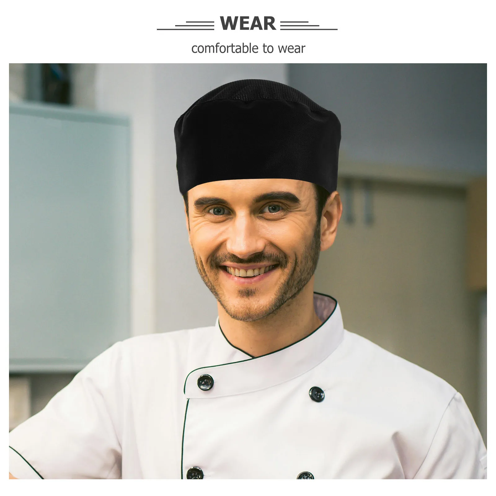 Chapeau de Chef en maille pour hommes, casquette de crâne professionnelle respirante, chapeau de travail de cuisine de restauration, sangle réglable noir