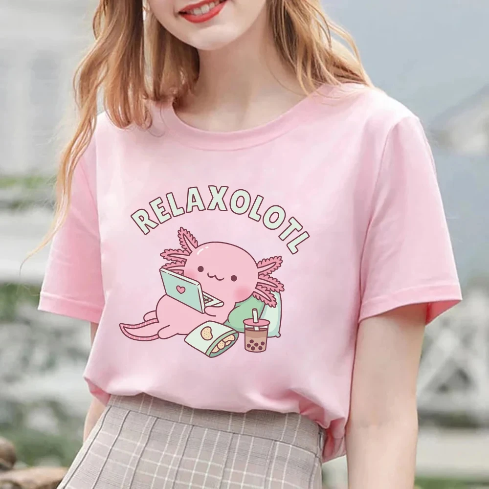 Axolotl Boba Milk Tea T Shirt Women Harajuku Aesthetic Graphic Bubble Tea Tees Shirts Unisex Funny Oversize Casual Tshirt Korea