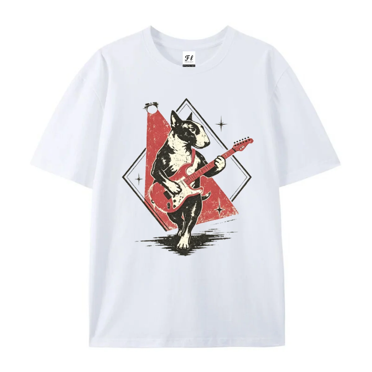 Retro Rock Star Bull Terrier Graphic T‑Shirt Vintage Dog Playing Electric Guitar Print Rock And Roll Pet Casual Unisex Shirts