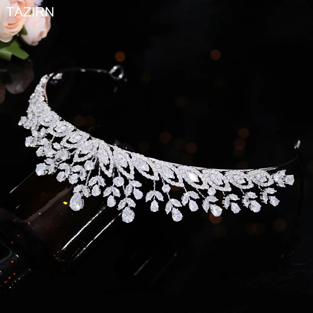 TAZIRN AAAAA Cubic Zirconia Floral Tiaras and Crown for Women Wedding Birthday Party Prom Sparkling Handmade CZ Hair Accessories