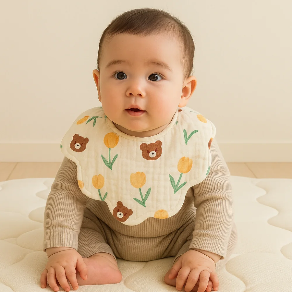 

Soft Cartoon Anti-vomiting Bibs Cotton Yarn Flower Shape Baby Cotton Bibs Rotatable Round Neck Saliva Towel Infant