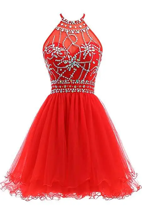 

GUXQD High Neck Homecoming Dresses Junior Abendkleider Sparkly Beading Tulle Birthday Princess Graduation Party Gowns