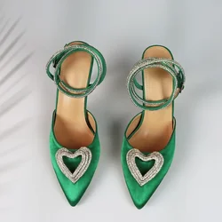 Summer Women High Heeled Sandals Luxury Rhinestone Heart Designer Dress Party Pointed Toe Elegant Green Ankle Strap Shoes Ladies