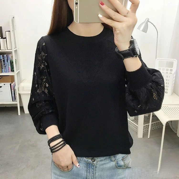 Spring Autumn New Bottoming Shirt Sweater Women\'s Lace Long-sleeved Stitching Round Neck Hollow Loose Knitted Top S-4XL