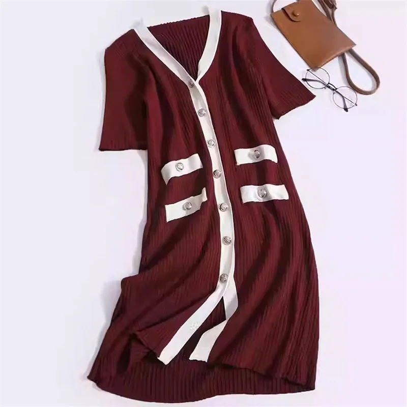 Cardigan for Women  Luxury Knitted Knee-Length Dress Elegant Short Sleeve V-Neck Single Breasted Bodycon Dresses Vintage Sweater