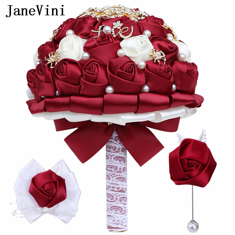 

JaneVini Burgundy 3 Pieces Bridal Wedding Bouquet Boutonniere Wrist Corsage Set Crystal Bride Holding Flowers Accesorios Novia