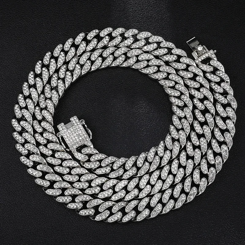 13mm Iced Out Mcuban Chain Necklace Hip Hop Jewelry Choker Silver Color Rhinestone Cz Clasp For Mens Rapper Necklaces 16inch