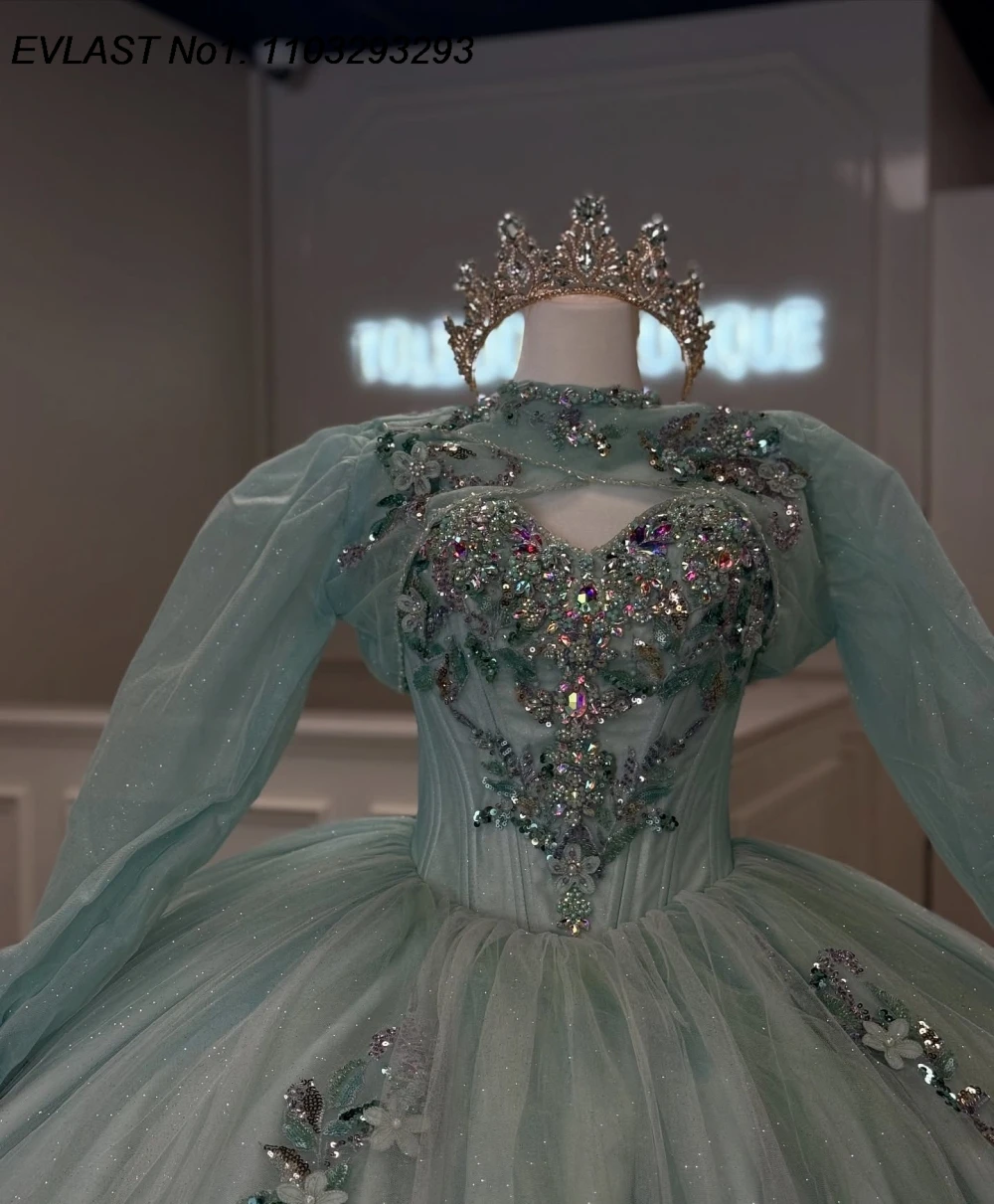EVLAST Personalizzato Messicano Verde Abito Quinceanera Abito di Sfera Paillettes Oro Applique Che Borda Dolce 16 Abiti Da 15 Anos E1QN787