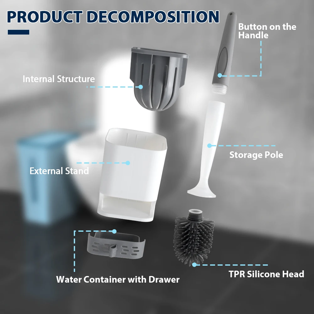 Water Spray Silicone Toilet Brush With Wall-Mounted Breathable Silicone TPR Brush 44.5cm Long Handle Bathroom Cleaning Accessory