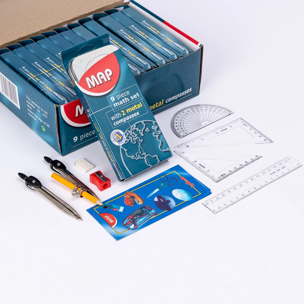 Wholesale Geometry Math Compass set 9piece with Shatterproof Storage Box Includes 2 Compasses, Ruler, Eraser, Pencil Sharpener