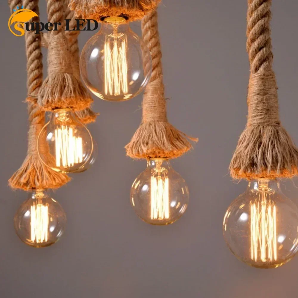 Retro Vintage Hemp Rope Pendant Light Hanging Lamps Creative Loft Country Style Ceiling Lamps E27 Edison LED
