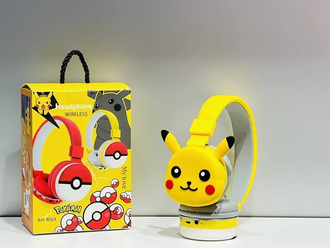 Pokemon Pikachu Bluetooth Headphone Wireless Headsets Anime Cartoon Stereo Headset Earphone With Mic Hottie  Christmas Gift