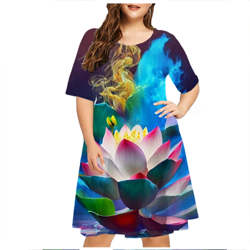 Lotus Leaf Flower Print Dress Women Elegant Summer Beach Style Short Sleeve Dress Loose Plus Size Clothes Casual Female Sundress