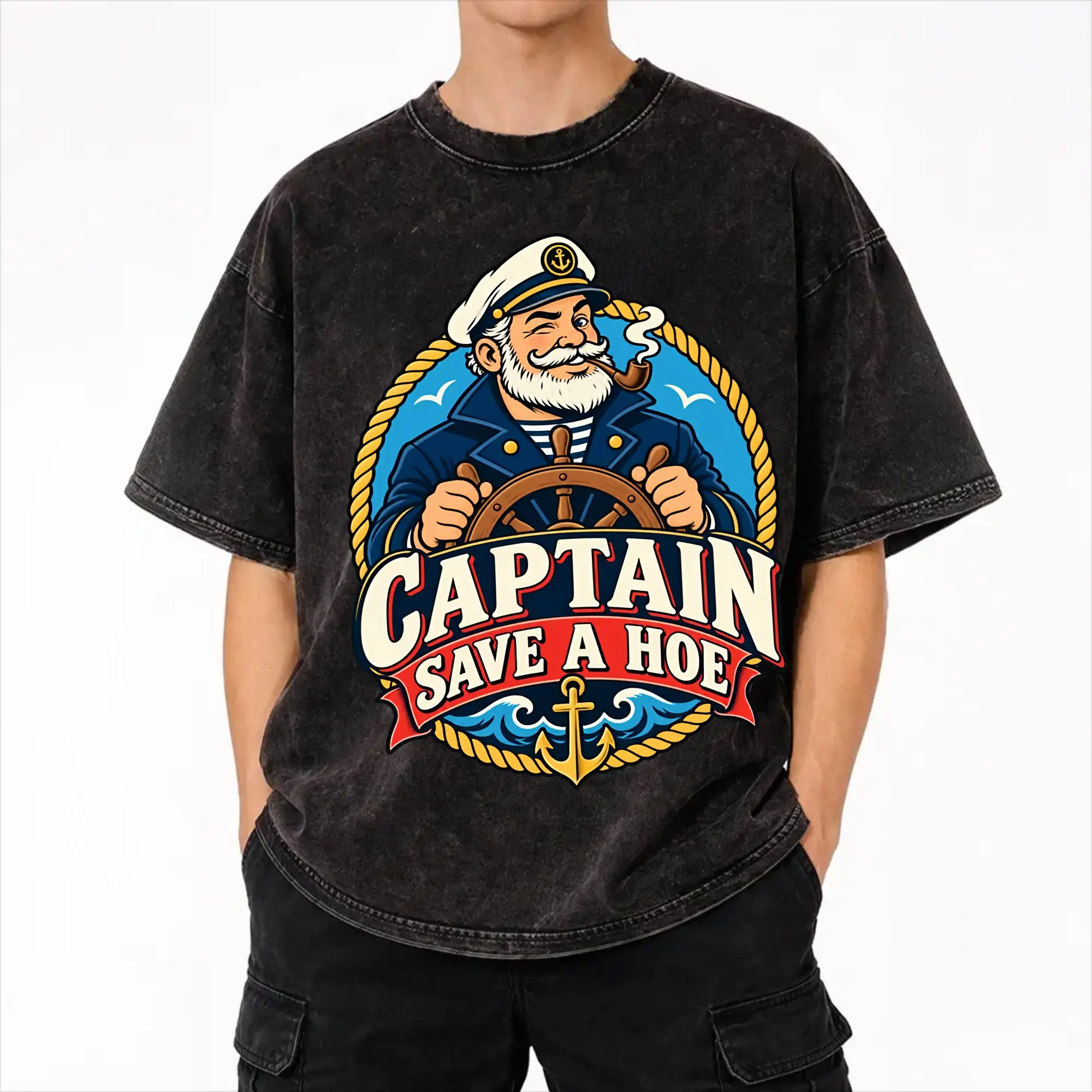 Captain Save a Hoe Vintage Sailor Meme  Washed T Shirt Streetwear Hip Hop Fashion T-Shirts  Tees Tops Men Women Short Sleeve