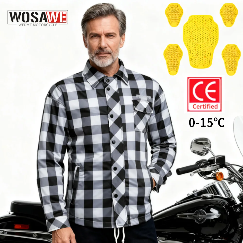 

WOSAWE Winter Motorcycle Plaid Jacket CE Full Body Armor Protection Jacket Moto Keep Warm Retro Denim Jacket Motocross Clothing