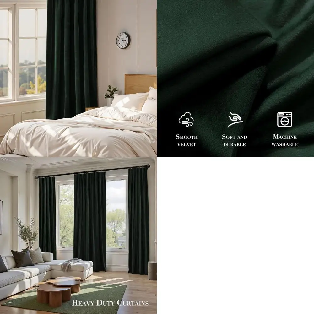 

Thermal Insulated Dark Green Velvet Blackout Curtains, 84 Long, Vintage Style, Set of 2 for Bedrooms and Living Rooms