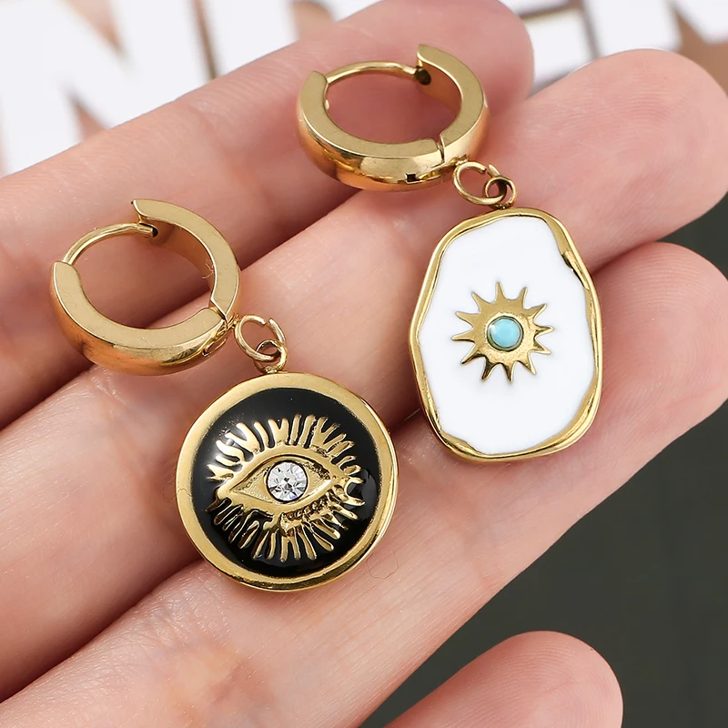 

1 Pair Stainless Steel Oil Drop Eyes Round Pendant Diamond Ear Buckle Gold-plated Non-allergic Non-fading Earrings Bling