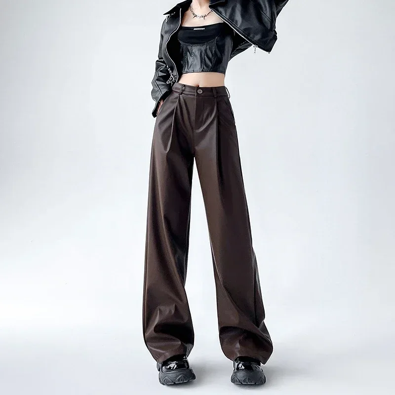

Autumn and Winter Solid Color Women's Casual Pants PU Leather Korean Fashion Straight High Waist Wide Leg Pants