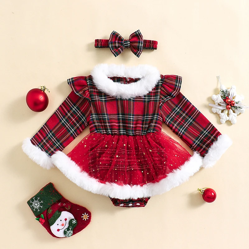 

Suefunskry Baby Girls Christmas Romper Dress Ruffled Long Sleeve Plaid Romper Sequins Mesh Dress with Bow Headband Outfits