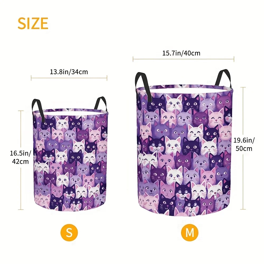 Large Round Foldable Laundry Hamper Basket with Cute Purple Pink White Black Tabby Print Heavy Duty Cloth-Like Clothes - view 2