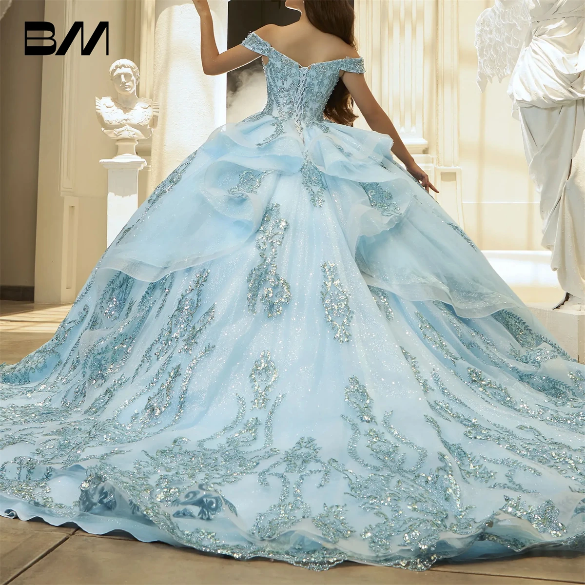 Sky Blue Off the Shoulder Sweet 15 Dress with Silver Sparkle Appliques Ball Gown Quinceanera Dresses 2025 Custom Make