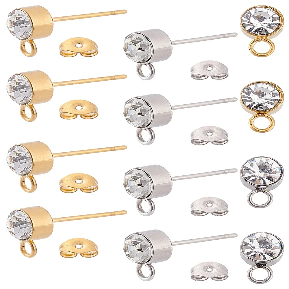 

1 комплект, 16 шт., 2 цвета, серьги-гвоздики из нержавеющей стали 304, фурнитура с горизонтальной петлей и колонной со стразами из нержавеющей стали