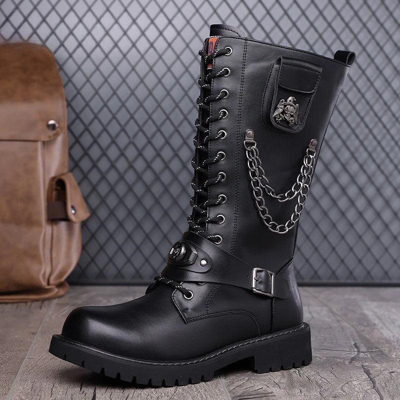 

2025 New High Top Boots for Men Punk Style Chain Motorcycle Boots Fashion Leather Casual Shoes Metal Decoration Platform Boots