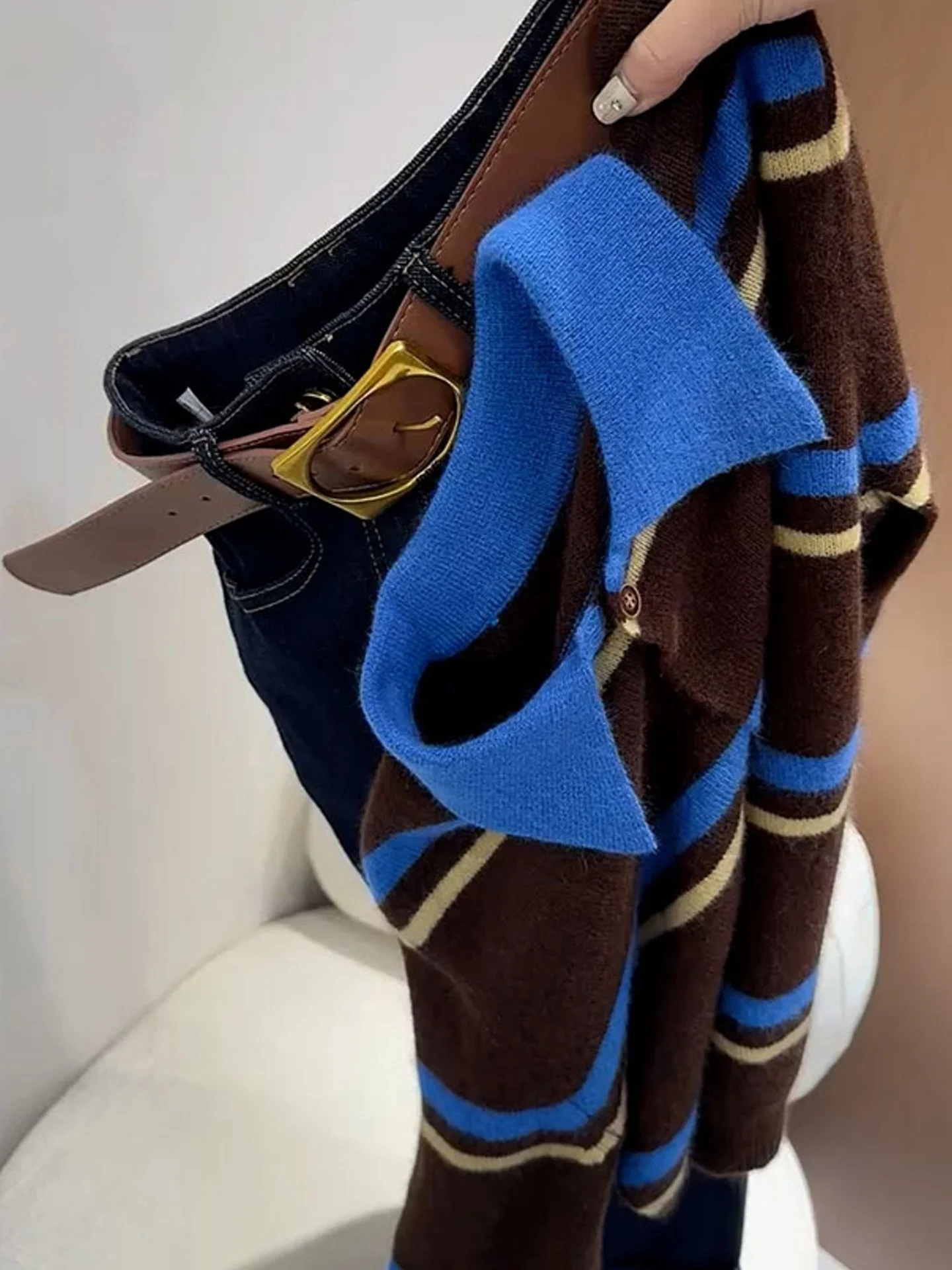 

Осень 2025 г., цвет Blo Long Sve, вязаный свитер, универсальный базовый слой, полосатый узор, модный роскошный женский топ