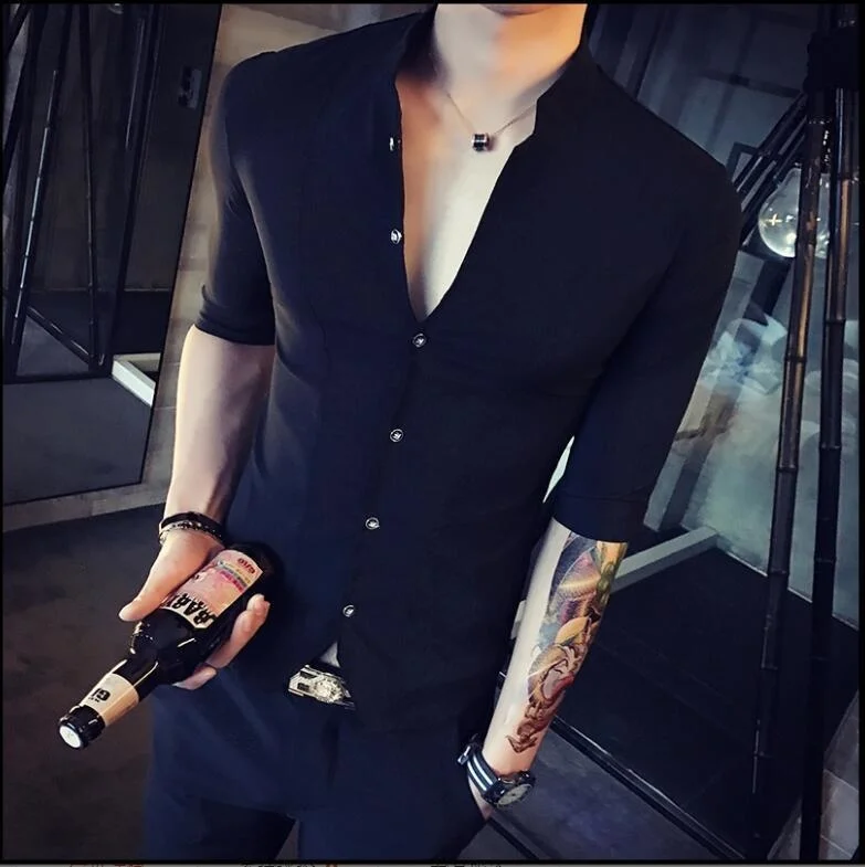 Stand Collar Chinese Style Shirt Men Slim Fit Korea Clothes Men Half Sleeve 2018 Summer Designer Club Shirt Camisa Masculina