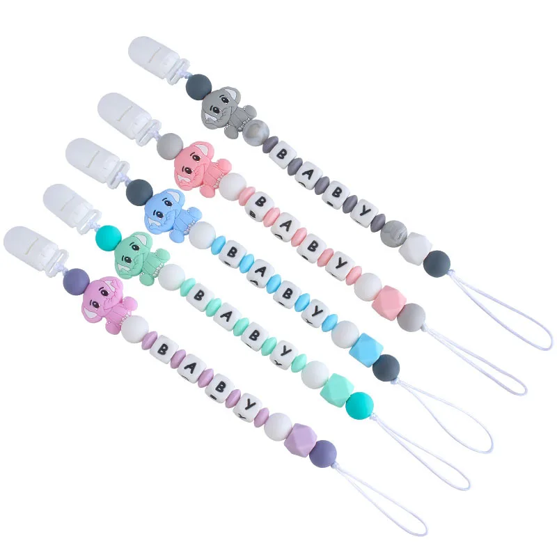 Nom personnalisé personnalisé chaînes de sucette pour bébé jouets de dentition en Silicone nouveau-né enfant en bas âge sucette Clips support éléphant bébé dentition