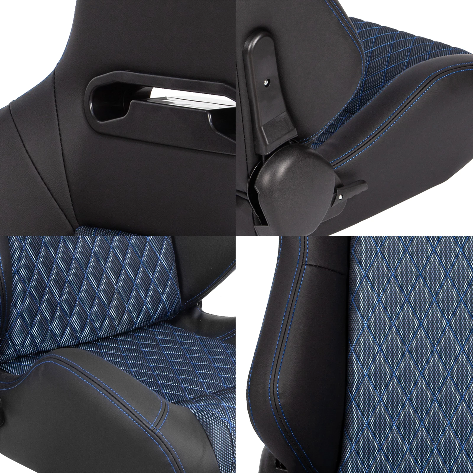 2 Pieces Universal Racing Seats with Dual Lock Sliders, Black PVC Leather Grey Diamond Shiny Mesh Fabric,22.45