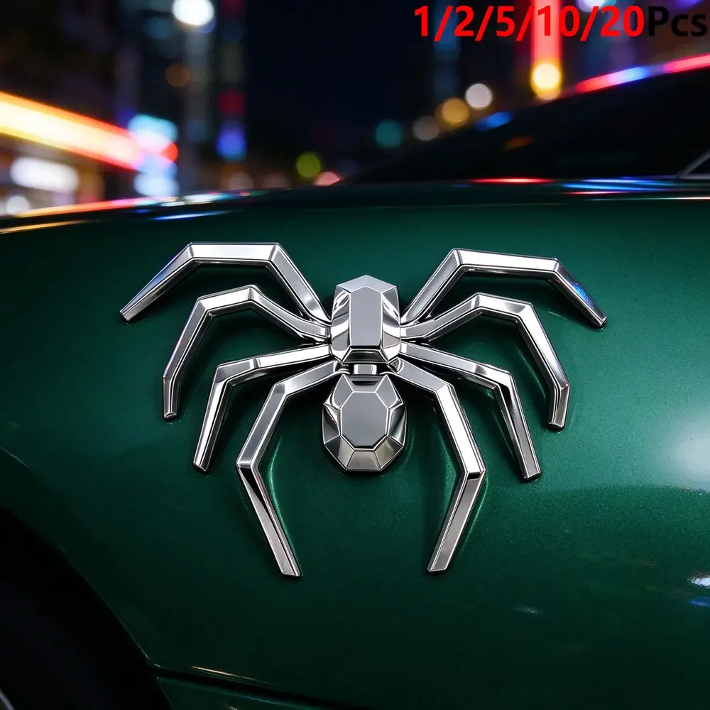 1/2/5/10/20Pcs Silver 3D Spider Car Decal Emblem, Geometric Polygon Spider Design,Self Adhesive Badge,Removable No Trace Sticker