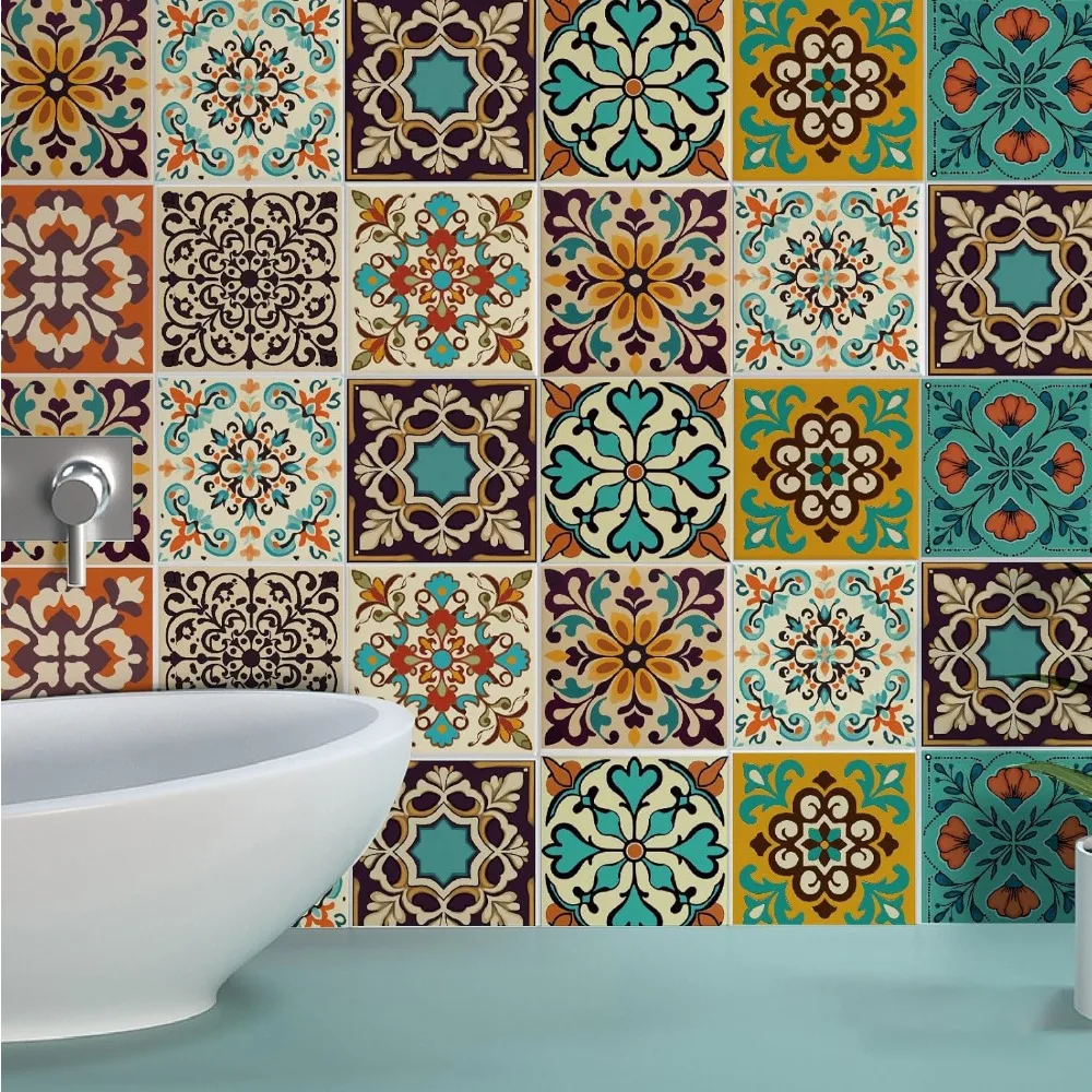 36Pcs 9 Styles Waterproof PVC Tile Stickers for Kitchen Bathroom Waterprrof Wall Tiles Square with Flower Pattern Mixed Color view 6