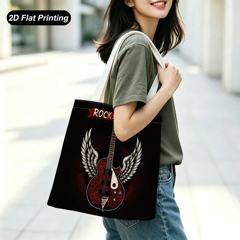 1PC【Tote Bag】2D Flat effect，bag features a winged rock guitar print，Large capacity and lightweight，Suitable shopping、Dai