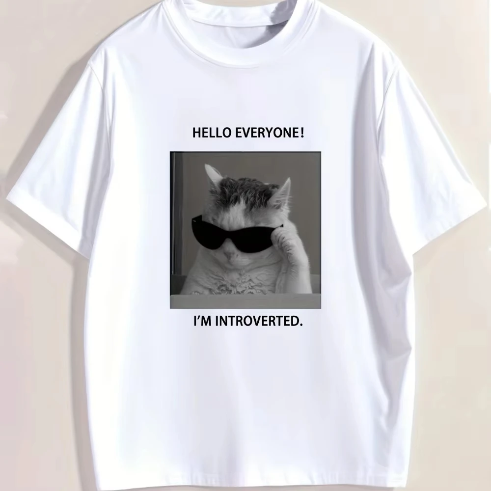 Summer Men's and Women's Casual Cat Pattern Letter Printed Round Neck T-shirt Breathable Outdoor High Quality Soft Short Sleeve