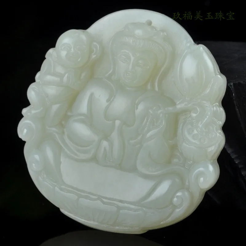 Hetian Songzi Avalokitesvara Pendant Greenish White Jade Guanyin on the Lotus Throne Bodhisattva