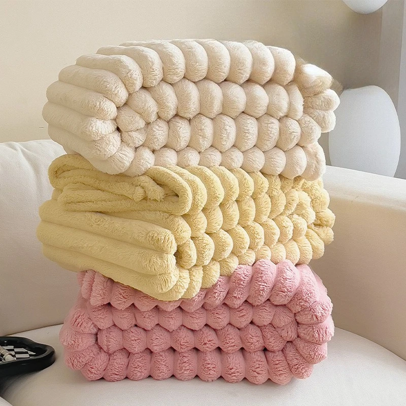 New Warm Plush Striped Blankets Conditioning Quilt Fluffy Throws Ultra Soft Faux Rabbit Fur Throw Blanket for Couch Chair Sofa