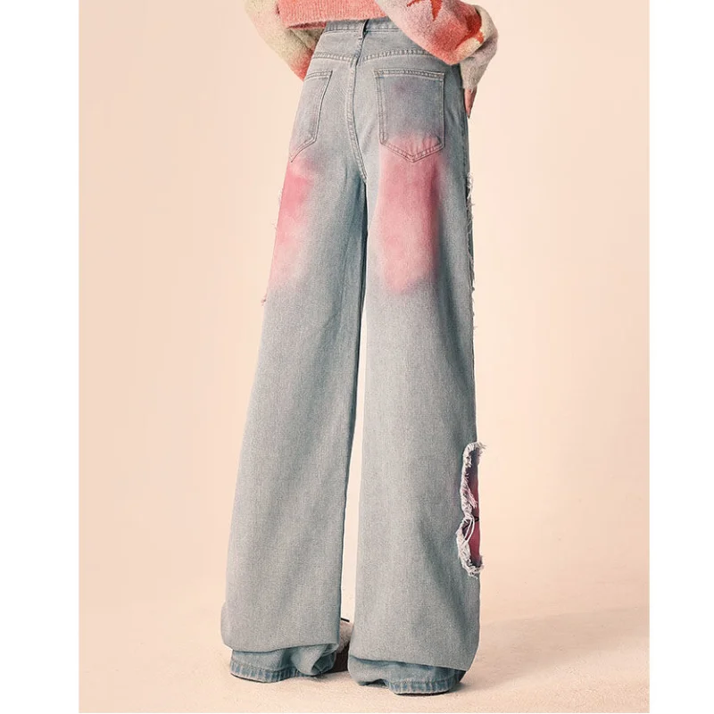 جينز بأربطة عنق مصبوغ على شكل فراشة ومطرز بحافة ضيقة للنساء ، تصميم شارع عالي ، ساق مستقيمة فضفاضة ، جينز طويل بساق واسعة